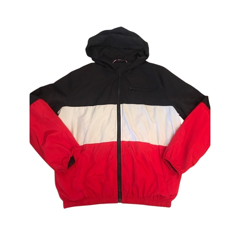 Brandy Melville Women's Colorblock Hooded Windbreaker Jacket Red White Blue OS